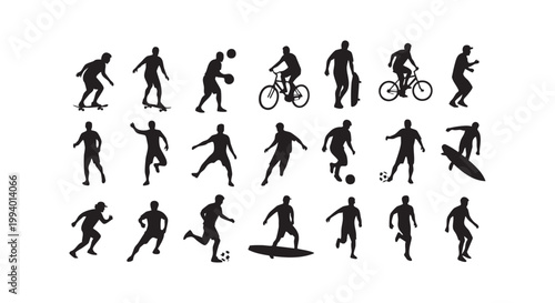 Sports and outdoor activities silhouettes collection featuring skateboarding cycling soccer basketball and surfing poses.