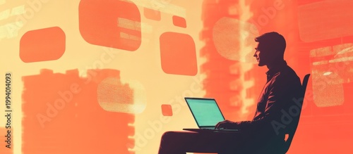 Person Working on Laptop with Abstract Background of Technology Concepts