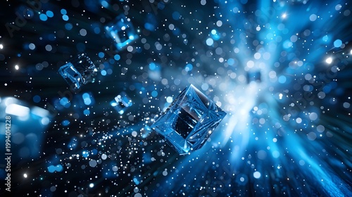 A vibrant abstract digital rendering depicts fractured crystalline shapes suspended in a sparkling luminous blue space high quality professional detailed modern