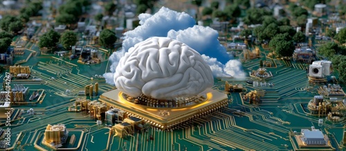 Brain Over Circuit Board Representing AI, Security, and Networking Concepts