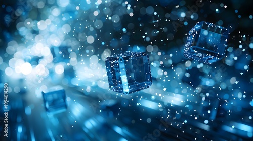 Abstract digital cubes float within a blurred glowing blue network suggesting data streams and futuristic technology high quality professional detailed modern
