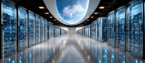 Modern Digital Server Center with Futuristic Background and Lighting