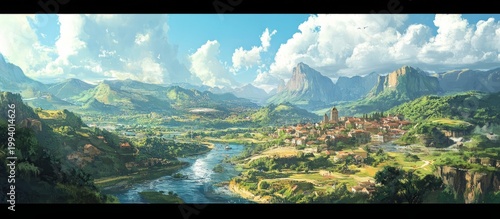 Majestic Landscape with Mountains, River, and Interconnected Web of Nature