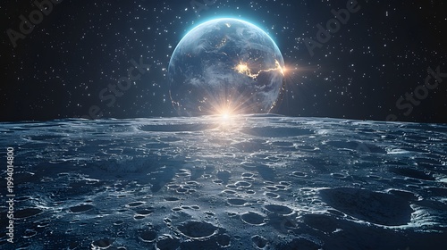 A stunning view from the moon s surface depicts earth rising over the cratered landscape illuminated by starlight high quality professional