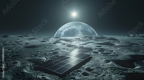 A solar panel rests on a lunar landscape illuminated by earthlight showcasing potential extraterrestrial energy solutions high quality professional detailed modern