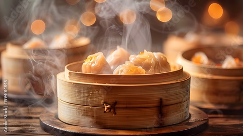 A close up showcases steaming golden dim sum in traditional bamboo baskets presented on a rustic wooden surface high quality professional