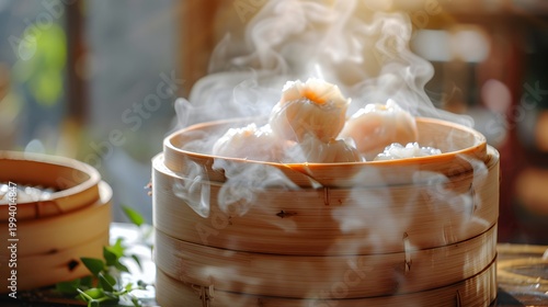 A close up view of steaming dim sum likely shrimp dumplings presented in traditional bamboo steaming baskets high quality professional detailed