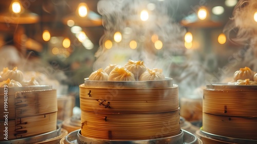 A close up showcases steaming dim sum dumplings in traditional bamboo steamers illuminated by warm ambient lighting high quality professional detailed