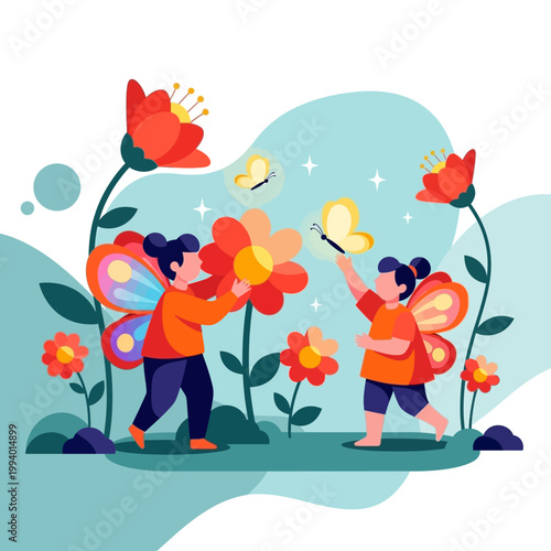 Two children with butterfly wings playing among large colorful flowers and butterflies in a whimsical garden illustration.