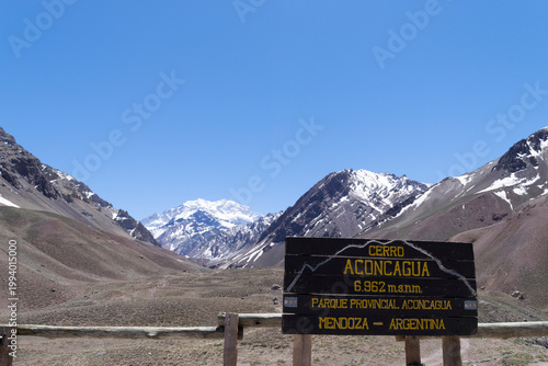 Cerro aconcagua sign announcing elevation in andes mountains