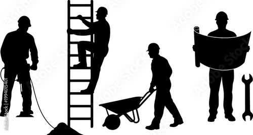 Construction workers silhouettes with tools, ladder, blueprint, vector illustration