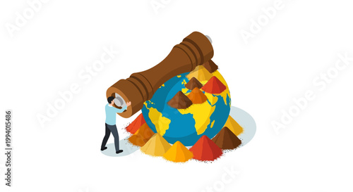 Conceptual Illustration of a Person Grinding Spices on the World.