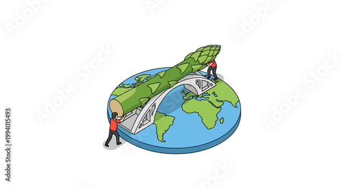 Conceptual illustration of asparagus plant growing on planet Earth with tiny people.