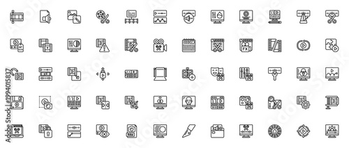 Video Editing icon set. Minimal linear vector icons pack. Includes symbols for timeline, crop, audio, footage, editing tools, color correction and more. Editable stroke.