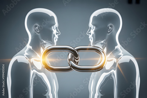 Two transparent human figures connected by a glowing metal chain link