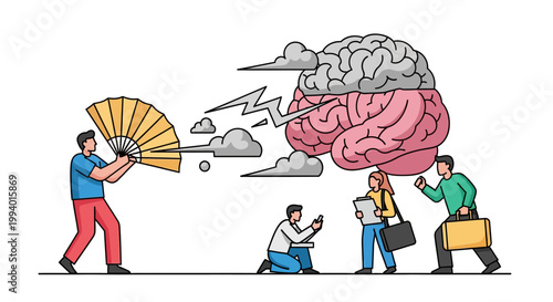Conceptual illustration of the human brain with people and clouds.