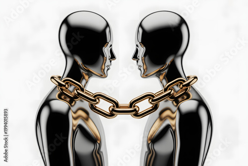 Two black human figures connected by a gold chain around their necks