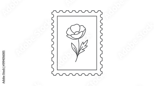 Minimalist line art drawing of a single poppy flower inside a postage stamp frame on a clean white background, perfect for graphic design.