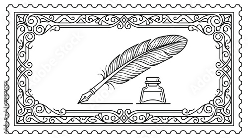 Vintage postage stamp design featuring a classic quill pen and inkwell, rendered in detailed black and white line art.