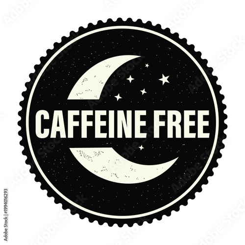 Caffeine Free Product Label Featuring Crescent Moon and Stars Icon for Healthy Beverage and Sleep-Friendly Certification Illustration
