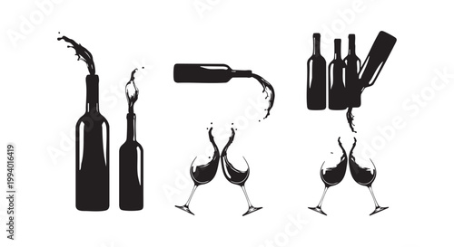 Wine bottles and glasses with splashing red wine isolated on white background.