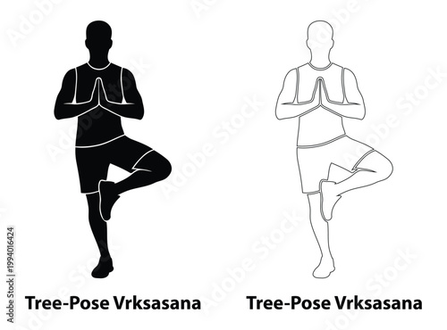 Man Black Silhouette and Outline Set Performing Yoga Tree Pose (Vrksasana) for Balance, Core Stability, and Fitness Training Illustration