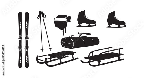 Winter sports equipment set including skis poles helmet skates sled and duffel bag for outdoor adventure isolated on white.