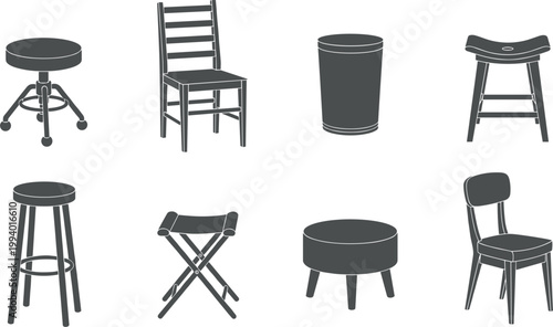 Collection of chair and stool silhouettes isolated on white background furniture set