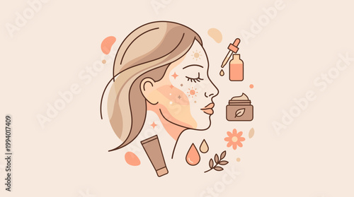 Soft Illustrated Portrait of a Woman with Skincare Routine and Botanical Accents.