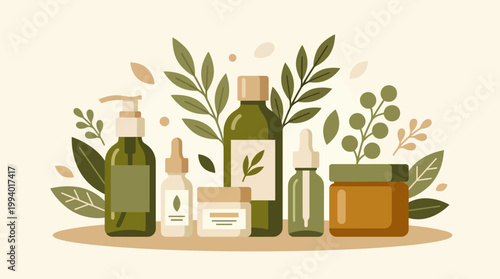 Illustration of assorted cosmetic bottles and jars with greenery and herbs.