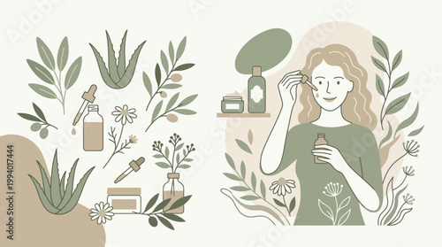 Illustrated lifestyle scene with a woman among herbs, plants and bottles in a calming botanical setting.