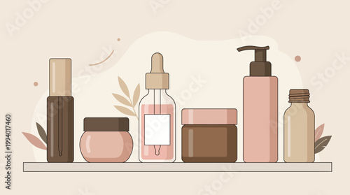 Aesthetic Arrangement of Skincare and Makeup Bottles on a Shelf with Soft Pastel Tones.