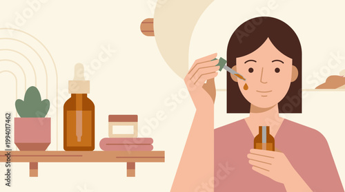Woman applies facial serum with dropper in skincare routine illustration showing cosmetics and vanity setup.