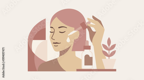Stylized illustration of a person applying skincare and facial cleansing at a vanity scene.