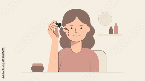 Illustration of a woman applying makeup at a vanity mirror.