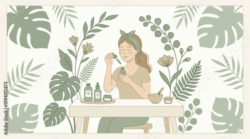 Woman practicing skincare routine in a botanical home setting with plants and bottles.