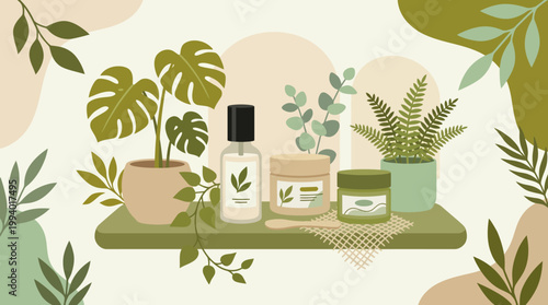 Фотография Botanical Arrangement with Potted Plants and Cosmetic Bottles on a Wooden Shelf