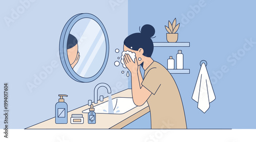 Person washing face at bathroom sink during morning skincare routine.