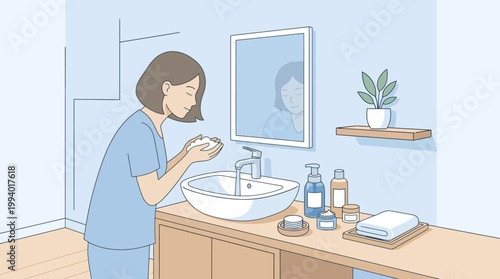 Woman performing skincare routine at bathroom sink with mirror and bottles.