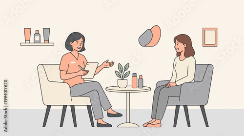 Two women having a relaxed conversation over coffee in a cozy lounge setting.