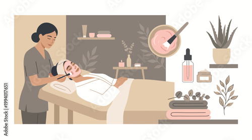 Calm spa treatment room with therapist providing facial to client in tranquil setting.