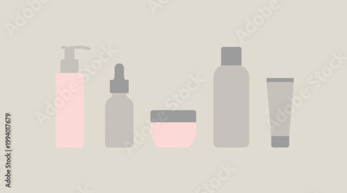 Flatlay of Self Care Cosmetics and Skincare Products in Neutral Tones.