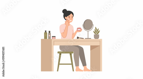 Woman applying makeup at vanity desk with mirror and plants in a softly lit indoor setting.