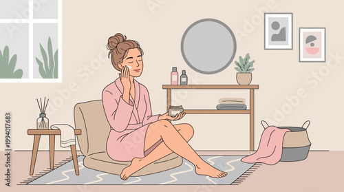 Woman relaxing at home in cozy living room with plants, shelves, and soft decor for leisure and mindfulness.