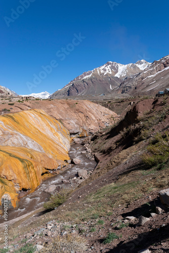 Puente del inca mineral bridge stream flowing through andes