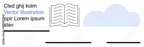 Education, cloud storage, digital learning, publishing, cloud computing, online library. Open book image with cloud and dummy text. Education and cloud storage themed concept