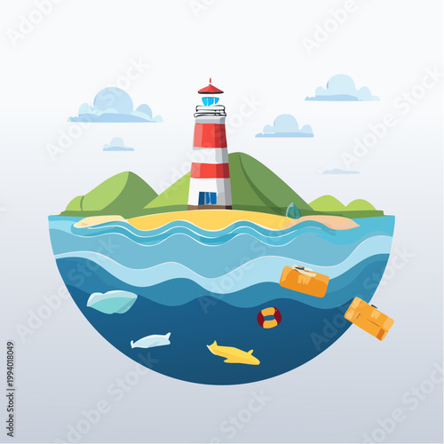 Lighthouse guiding ships through a polluted ocean environment