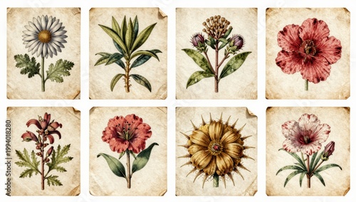 Collection of eight vintage botanical flower illustrations on old paper