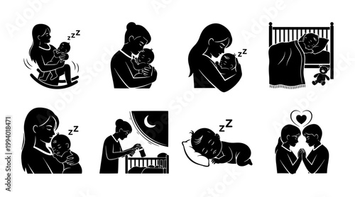 Mother holding sleeping baby in rocking chair, peaceful bedtime, nursery illustration, vector art