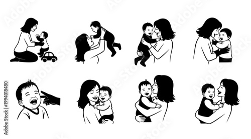 Mother and Baby Playing Together, Joyful Moments, Loving Family Lifestyle, Black and White Line Art